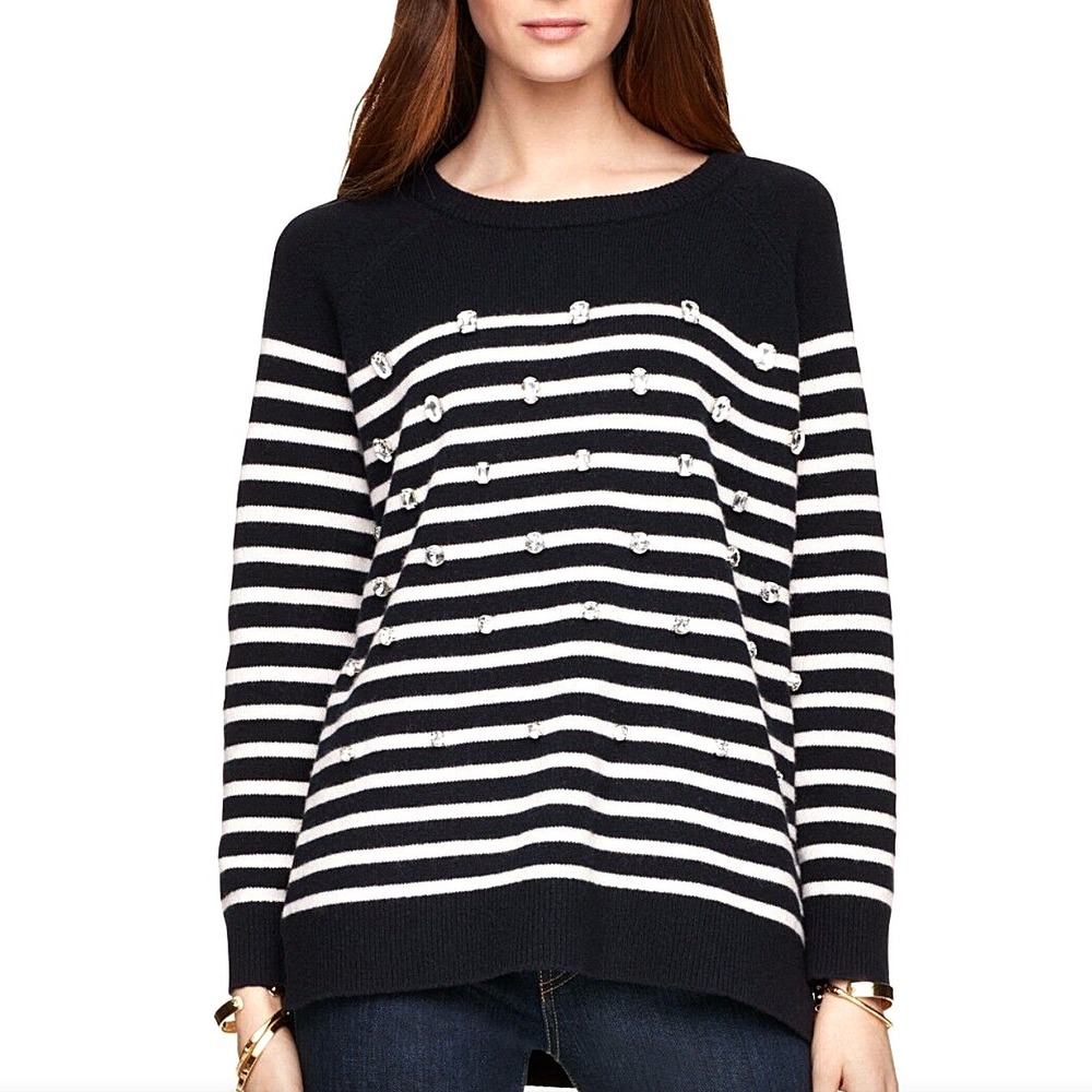Kate Spade Sweater Size XS Navy Blue‎ Wool Rhinestone Crewneck Embellished Knit